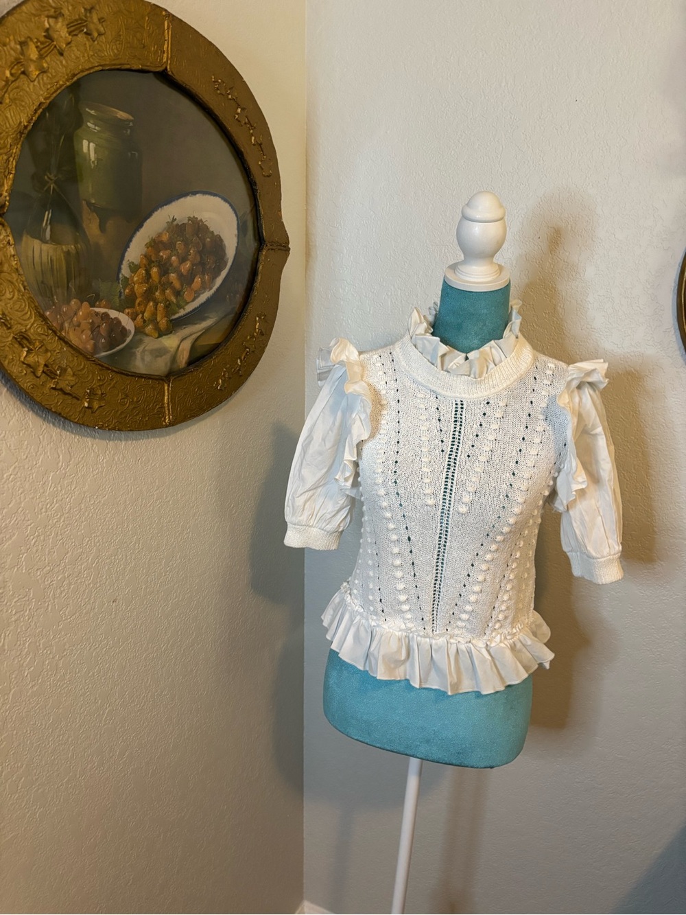 INC International Concepts Cream White Ruffled Knit Front Puff Sleeve Boho XS